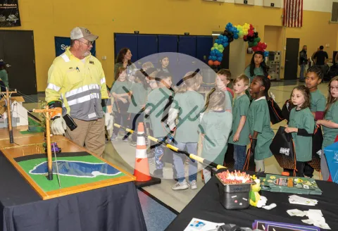 Employee demonstrating electricity to children