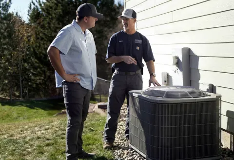 Customer and technician outside talking next to air conditioner unit