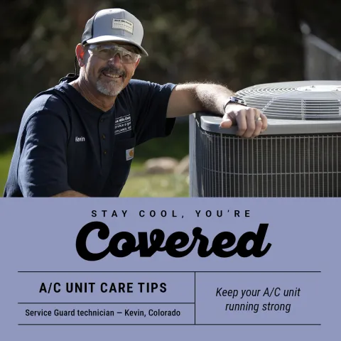 Service Guard technician leaning an arm on an A/C unit outside